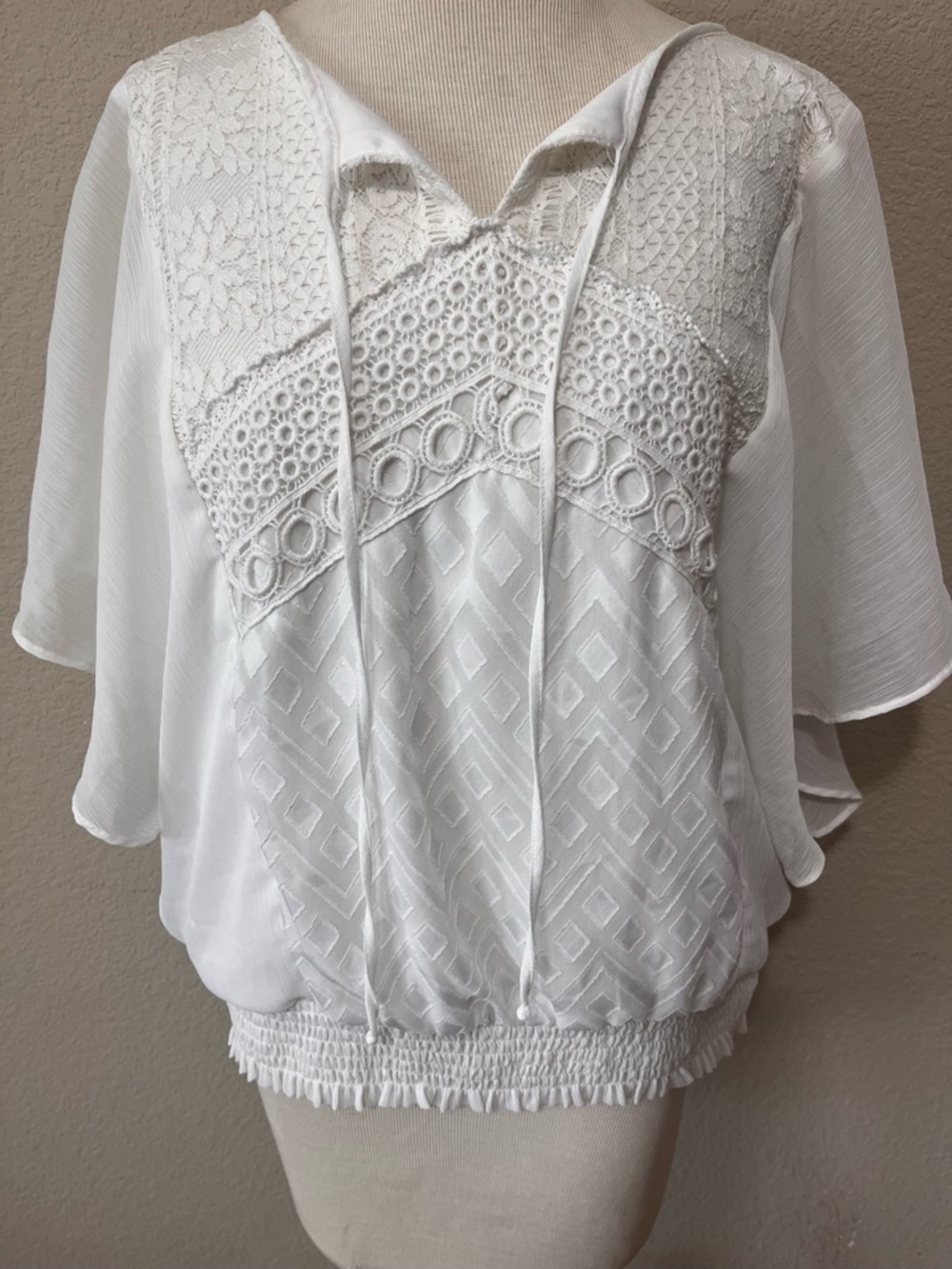 AB Studio White Lace & Crochet Peasant Blouse